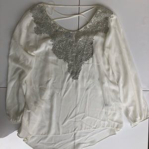Ivory with silver accent long sleeve blouse